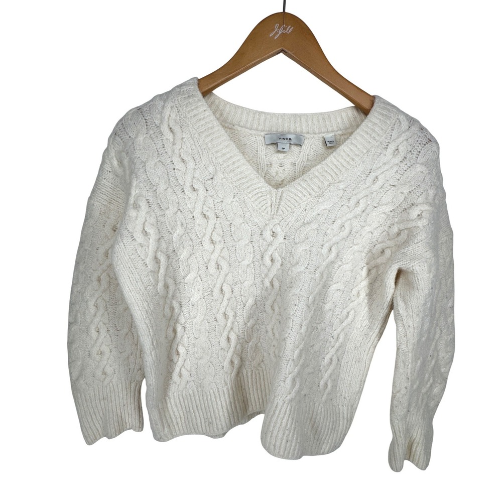 VINCE Womens‎ Cream Chunky Cable Knit Alpaca Wool V Neck Sweater Size S Pullover
